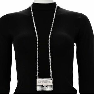 CHANEL beauty gift CC Silver Metal Rhinestone Chain Mini Bag Necklace
